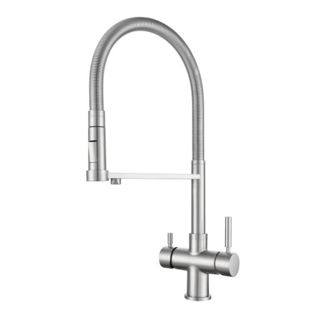 Grifo de cocina mezclador 560 con ducha de goma de 5 vías de 3/8" en níquel cepillado