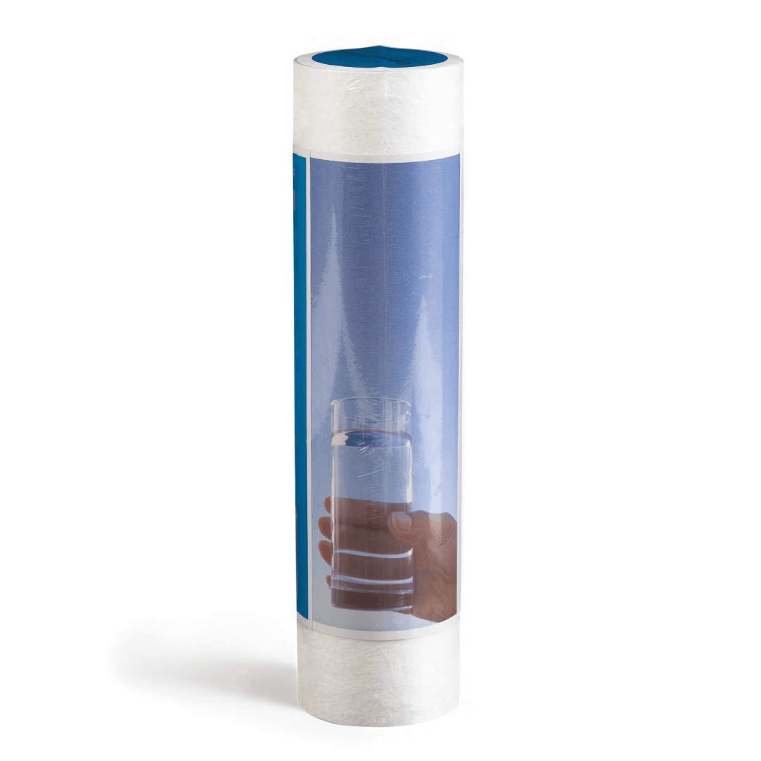 Filtro a cartuccia 10 pollici per depuratore acqua AcquaVitale, sfondo blu, bicchiere