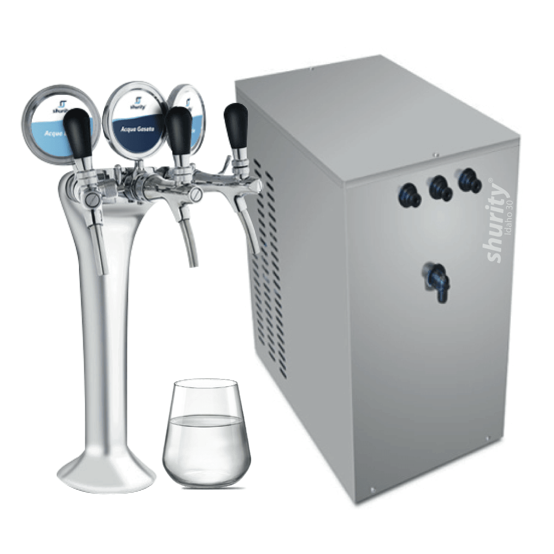Enfriador de agua Idaho con filtración 30Lt/h. Bajo el mostrador: 3 opciones: sin gas, con gas y frío
