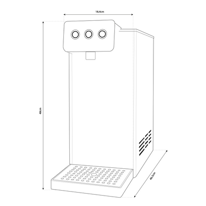 Disegno tecnico depuratore acqua AcquaVitale, misure 48x18,4x46,5 cm, 3 pulsanti frontali.