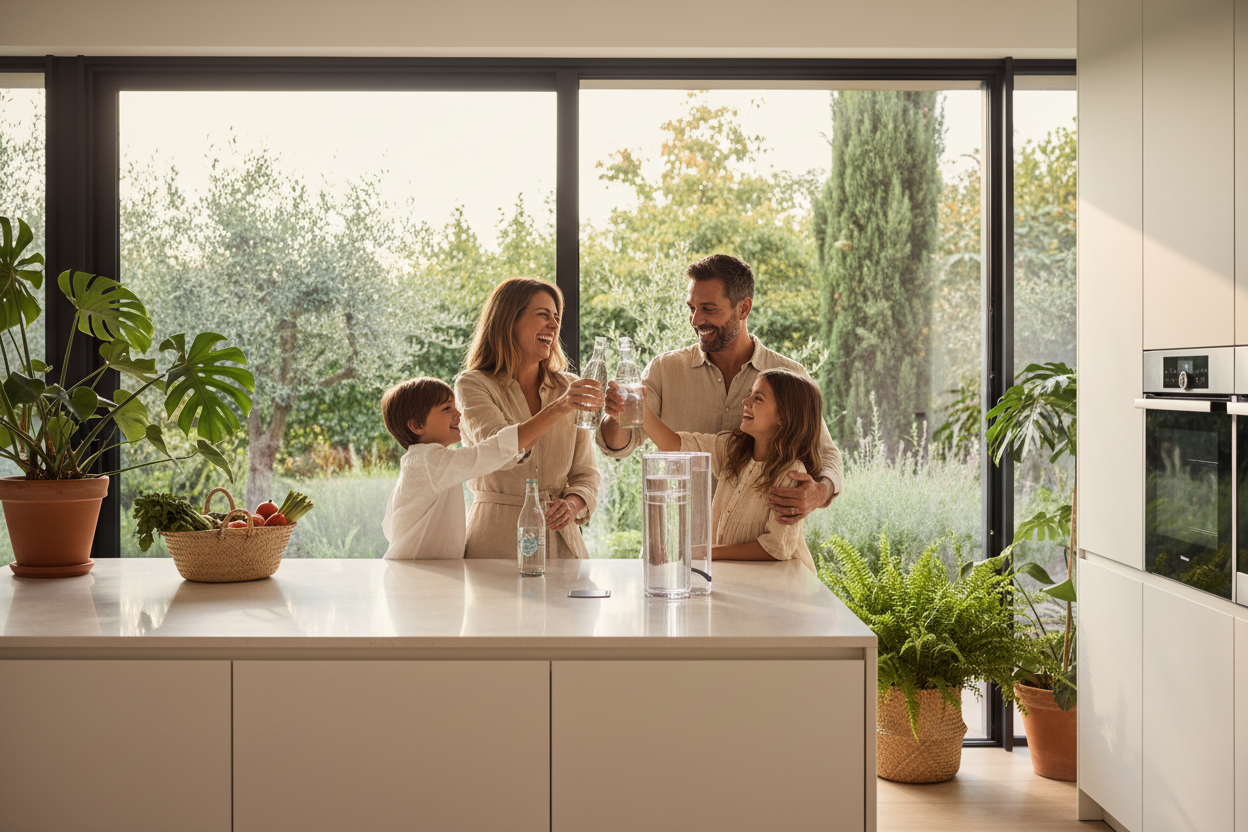 Famiglia italiana con acqua purificata