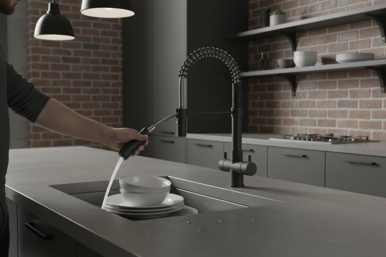 Rubinetto Milano professionale nero opaco matt black in uso cucina industrial con doccetta estraibile