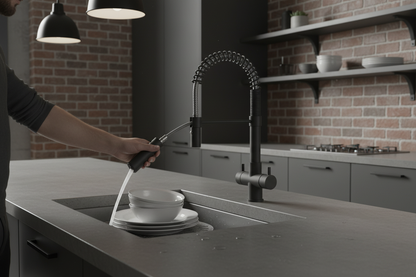 Rubinetto Milano professionale nero opaco matt black in uso cucina industrial con doccetta estraibile