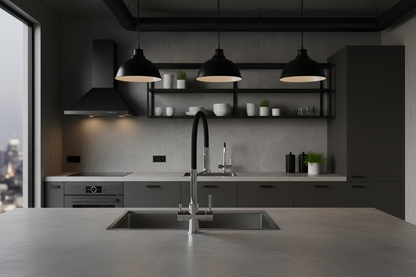 Rubinetto 460 bicolore cromo nero doccetta gomma in cucina industrial urban cemento