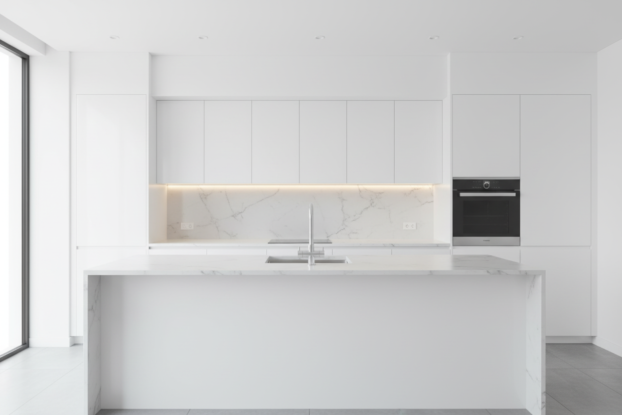 Rubinetto Sorrento 4 vie cromo in cucina minimalista contemporanea bianca lucida