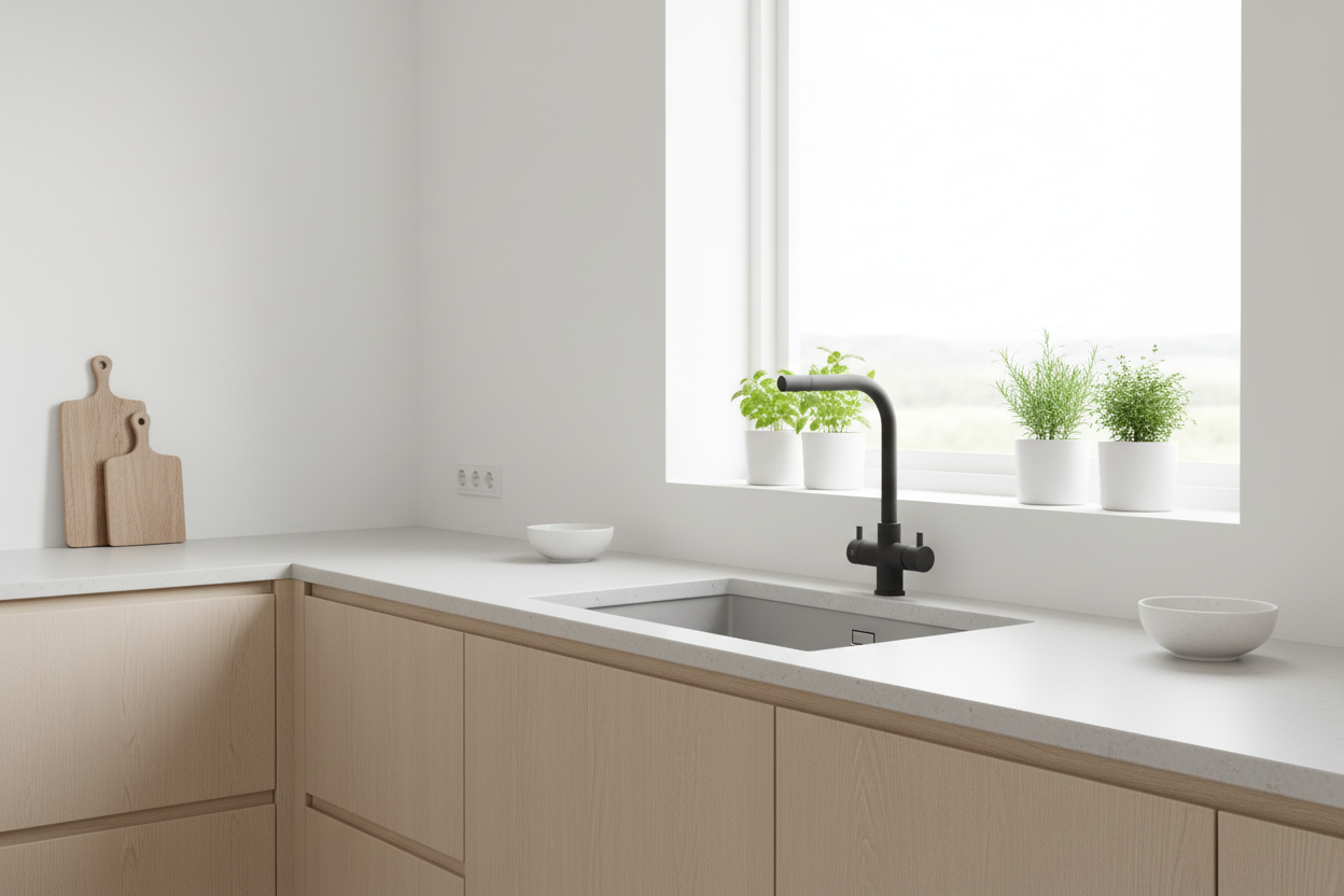 Rubinetto Sorrento design europeo nero opaco in cucina scandinava legno chiaro contrasto