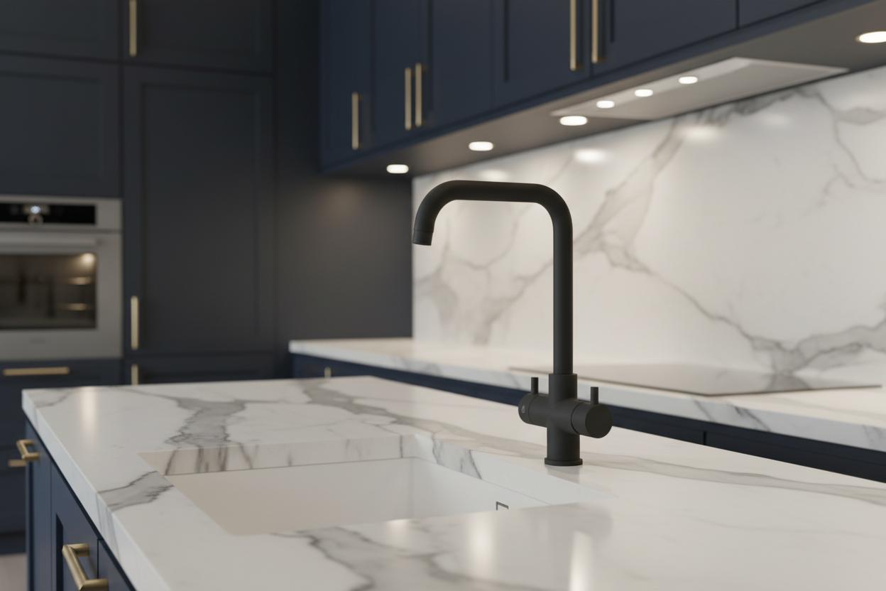 Rubinetto Monza 4 vie nero opaco in cucina luxury blu navy con marmo Carrara