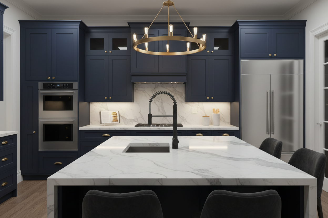 Rubinetto Milano a molla nero opaco in cucina luxury blu navy con marmo bianco e dettagli oro