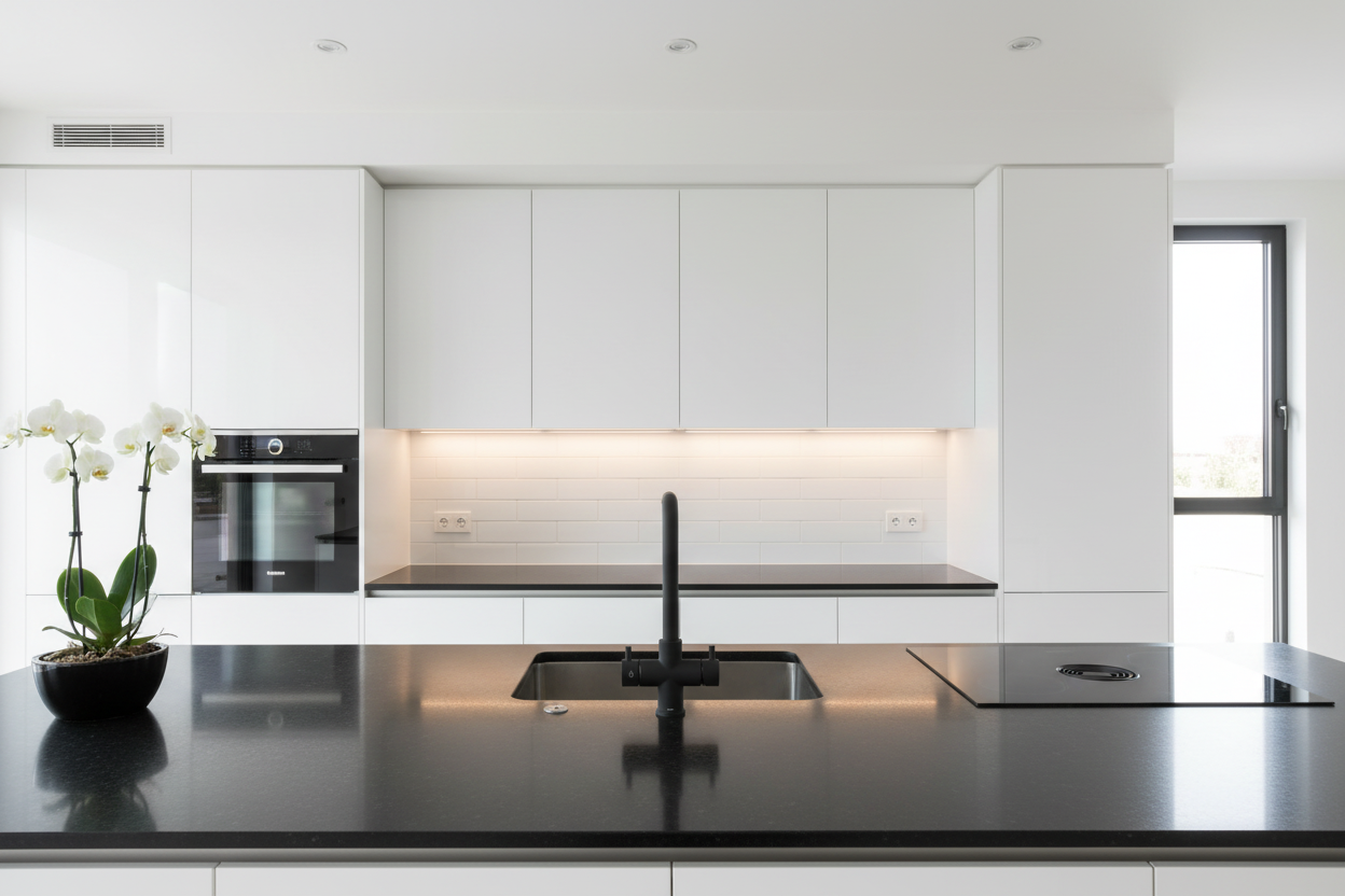 Rubinetto Sorrento nero opaco in cucina moderna bianca minimalista contrasto elegante