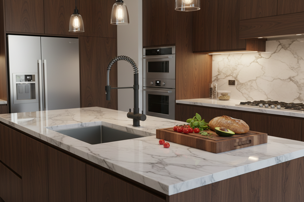 Rubinetto Milano 4 vie nero opaco premium in cucina isola legno scuro con marmo Carrara