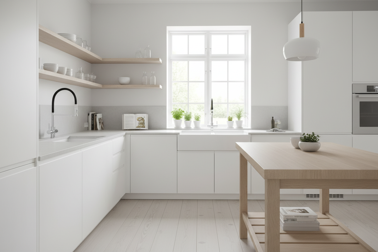 Rubinetto 460 cromo doccetta gomma nera in cucina scandinava bianca legno chiaro