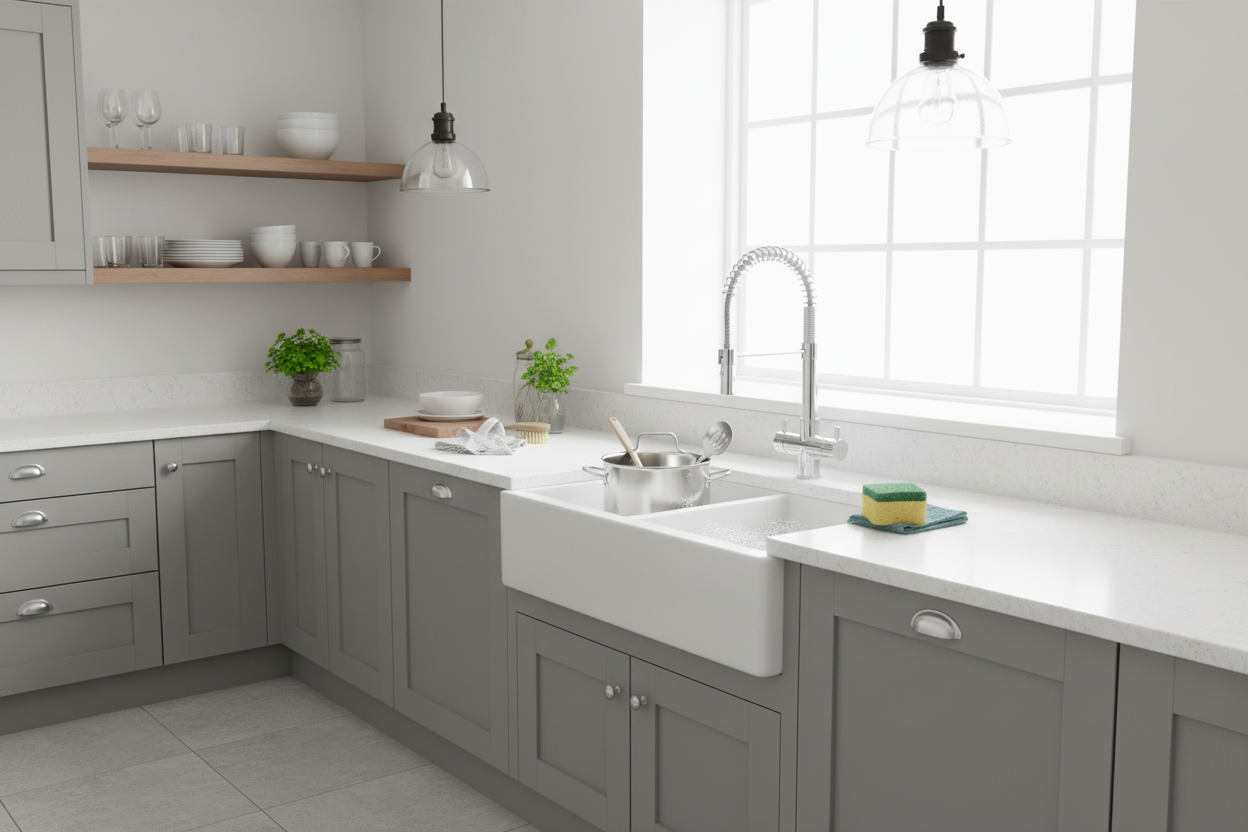 Rubinetto Milano 4 vie a molla cromo in cucina moderna grigia con lavello grande