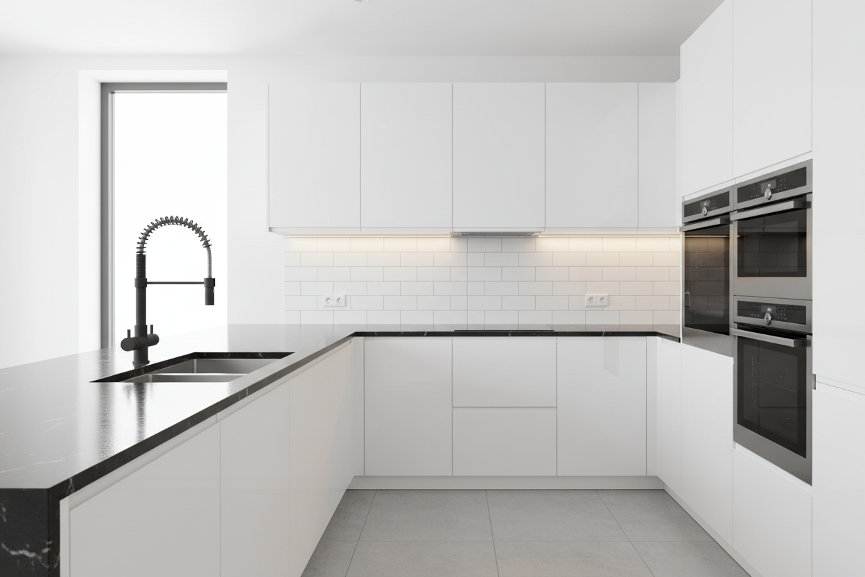 Rubinetto Milano a molla nero opaco in cucina minimalista bianca contrasto design contemporaneo