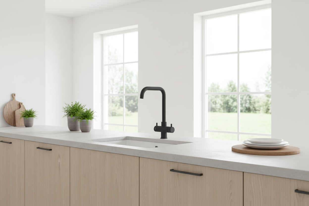 Rubinetto Monza angolare nero opaco in cucina scandinava legno chiaro minimalista