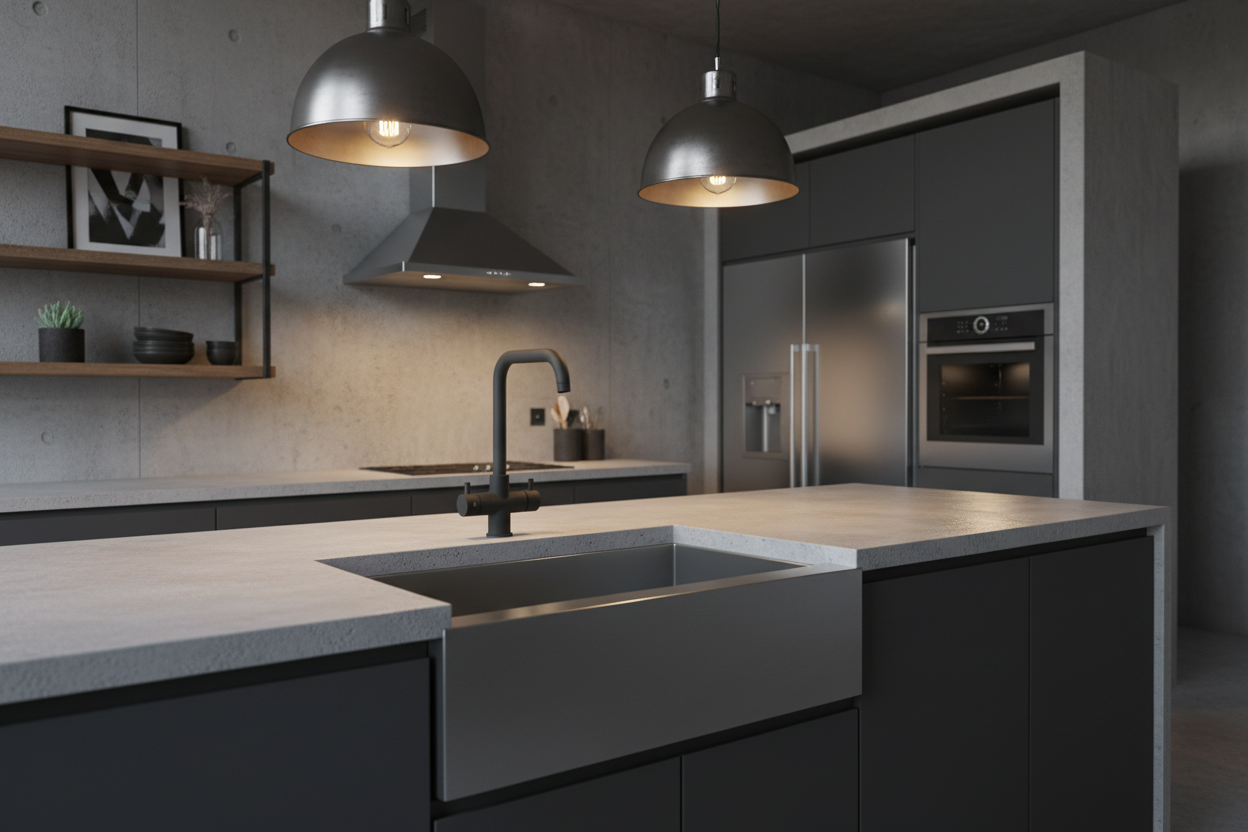 Rubinetto Monza geometrico nero opaco matt black in cucina industrial loft con cemento