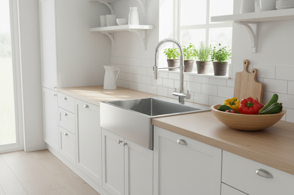 Rubinetto Milano a molla cromo in cucina scandinava bianca minimalista con erbe