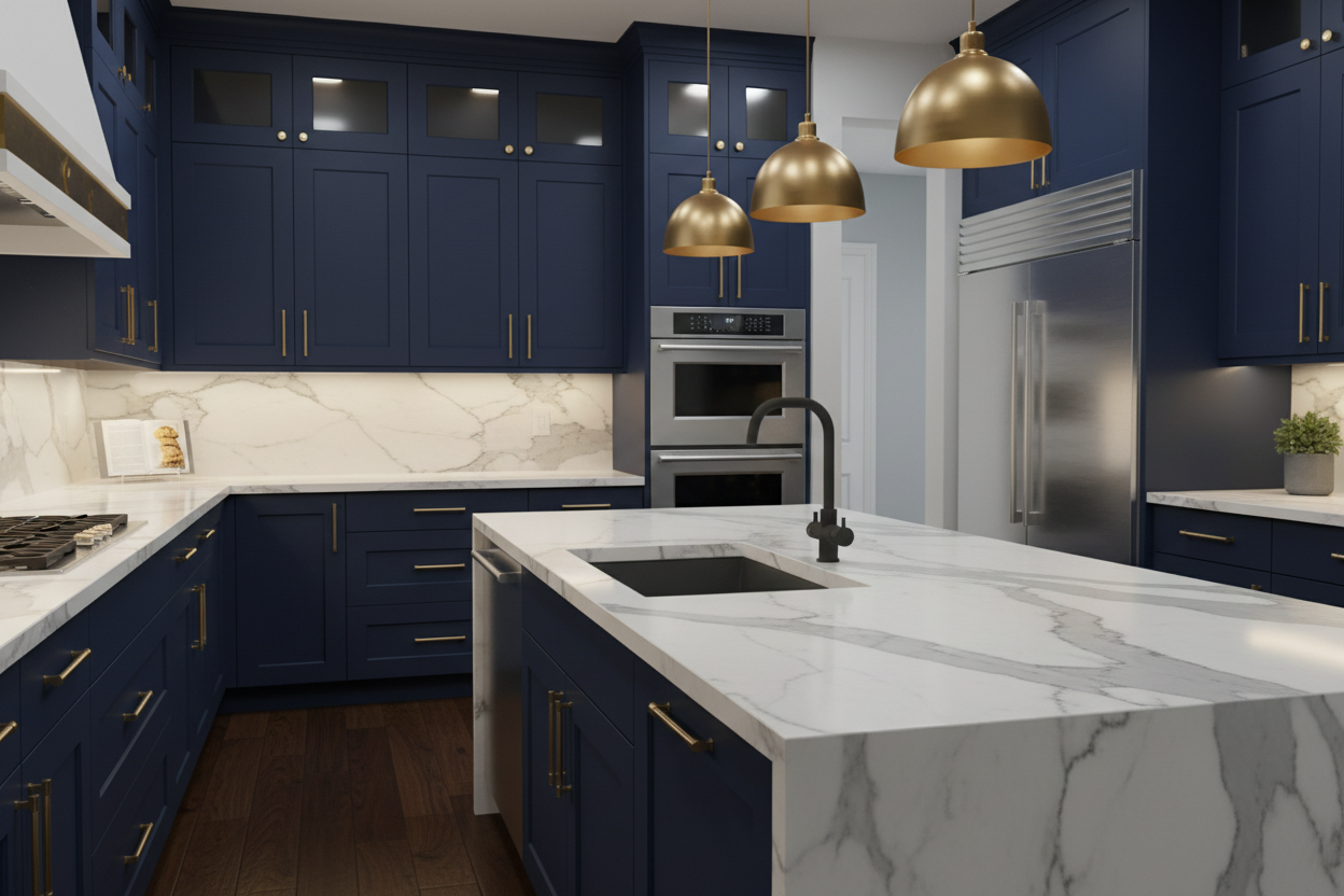 Rubinetto Sorrento 4 vie nero opaco premium in cucina luxury blu navy marmo e oro