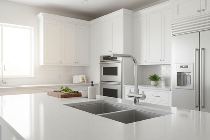 Rubinetto Sorrento cromo design europeo in cucina classico-moderna bianca con shaker