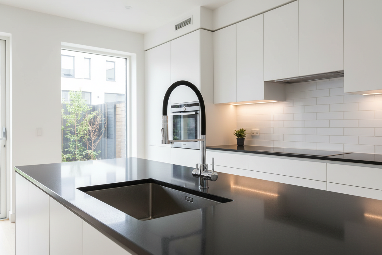Rubinetto 460 cromo nero doccetta gomma in cucina moderna bianca minimalista contrasto