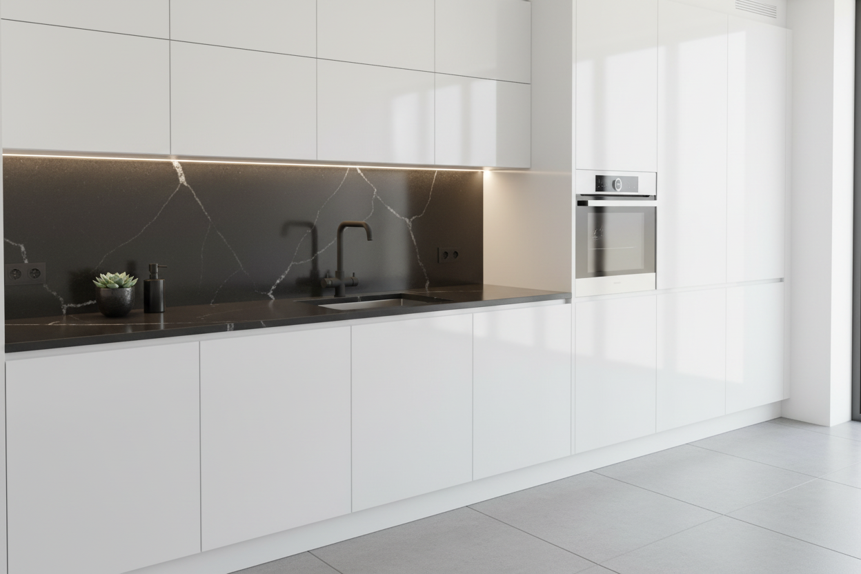 Rubinetto Monza design angolare nero opaco in cucina moderna bianca