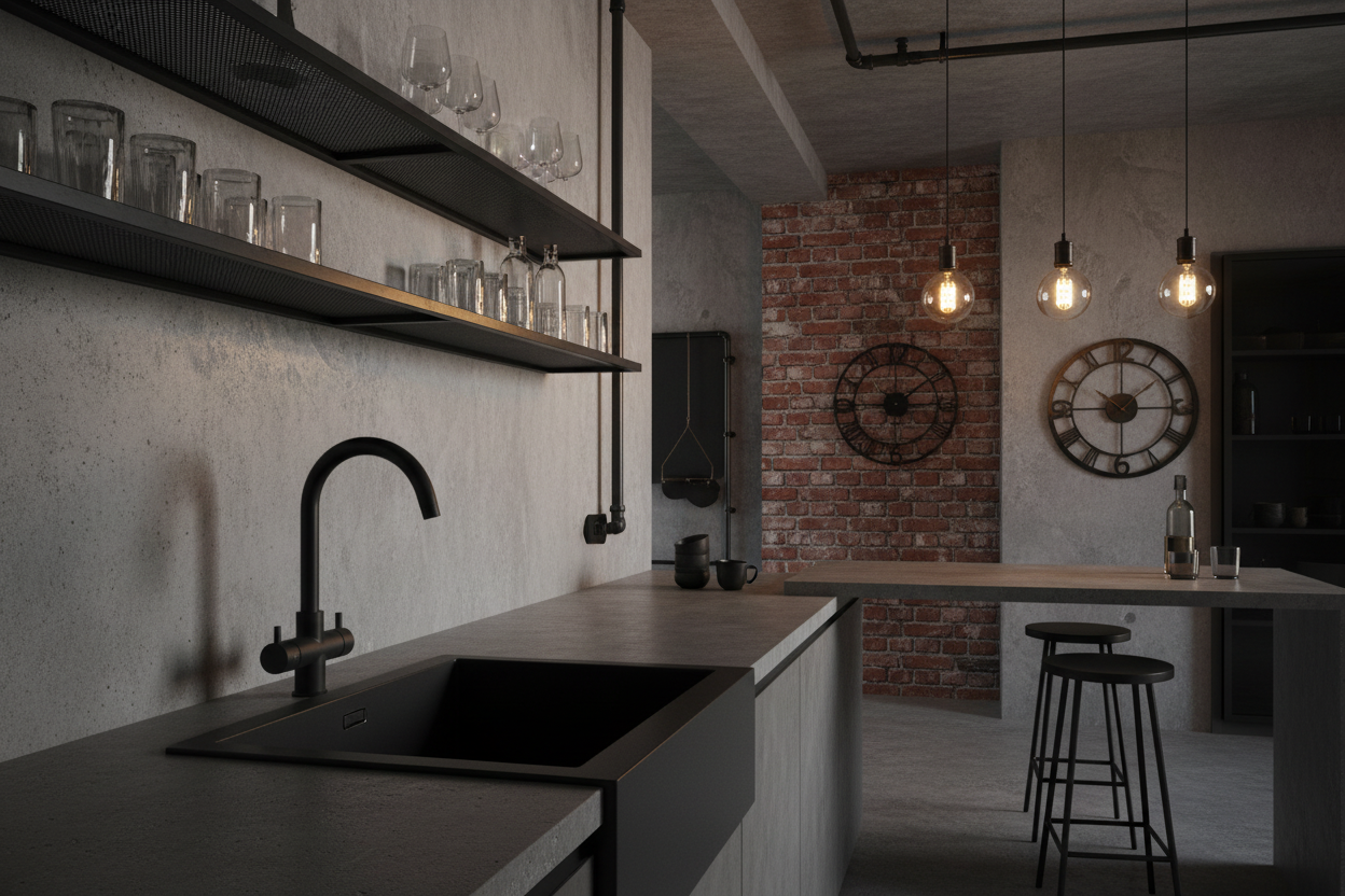 Rubinetto Verona nero opaco in cucina industrial con cemento
