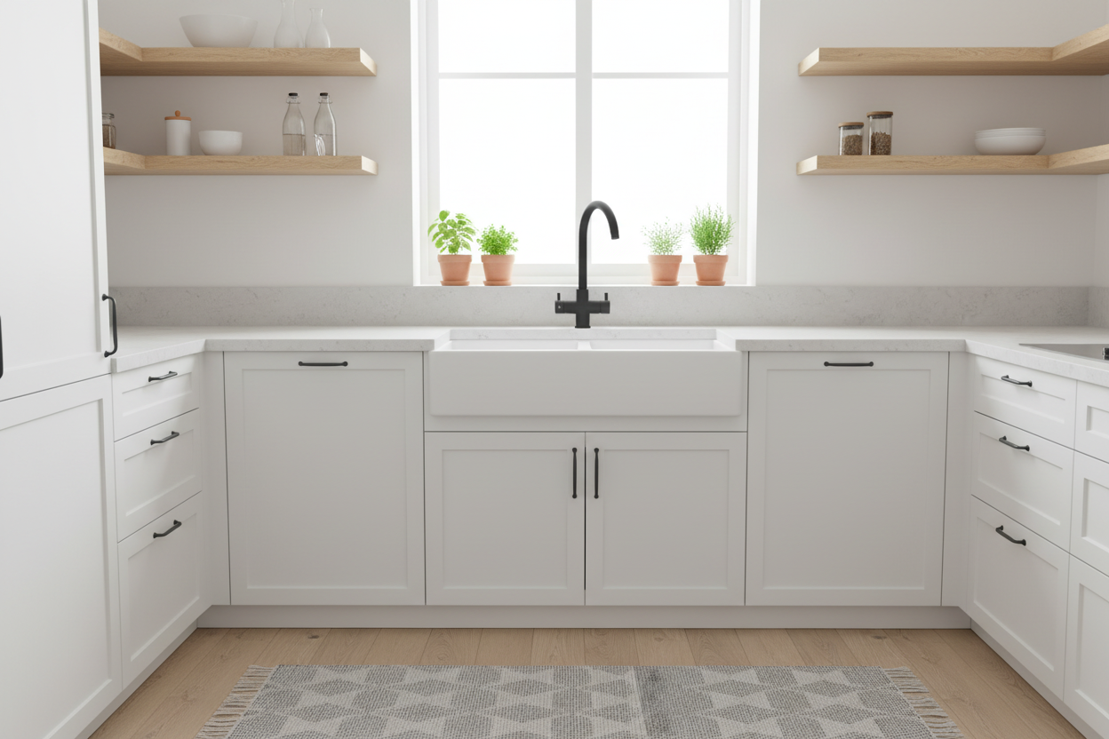 Rubinetto Verona nero opaco in cucina scandinava bianca minimalista
